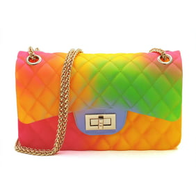 Acxico 1Pcs Pink Transparent Handbag Colorful Chain Bag Rainbow Laser Purses Clear Jelly Mini Bag
